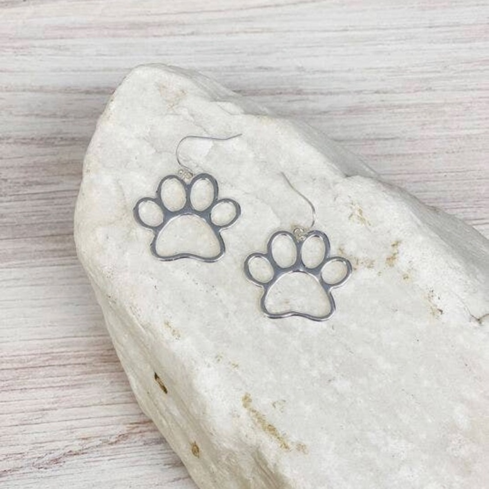 Silver Open Paw Print Dangle Earrings